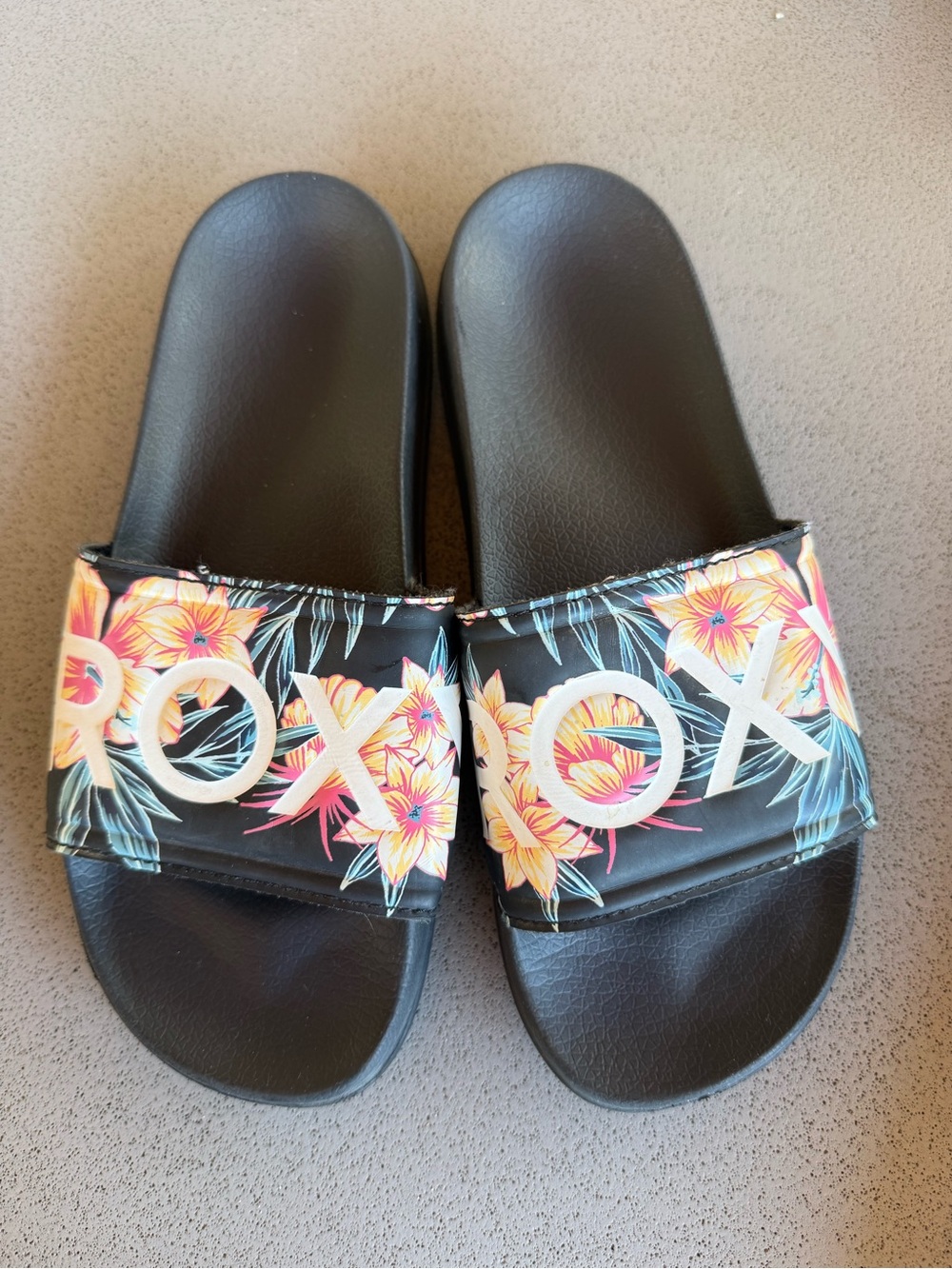 Roxy Black Slide Sandals with Pink & Yellow Floral Strap